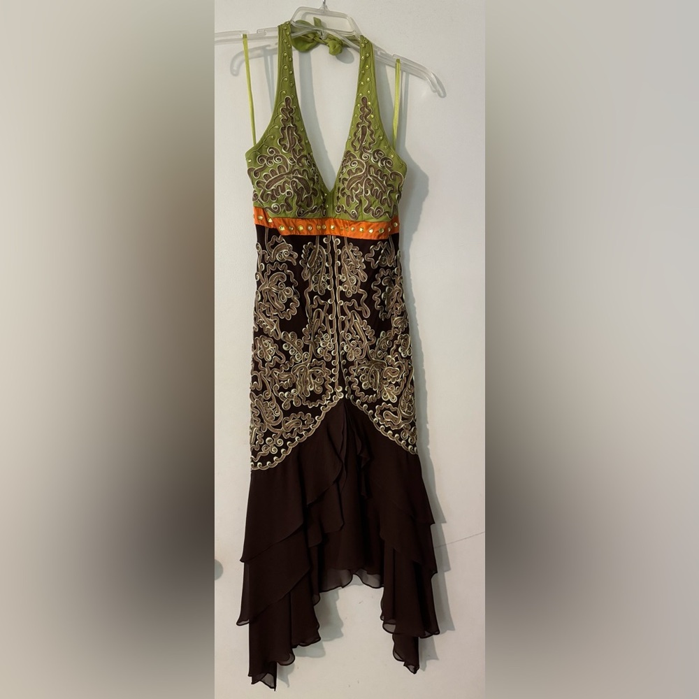 Sue Wong Green and Brown High Low Dress